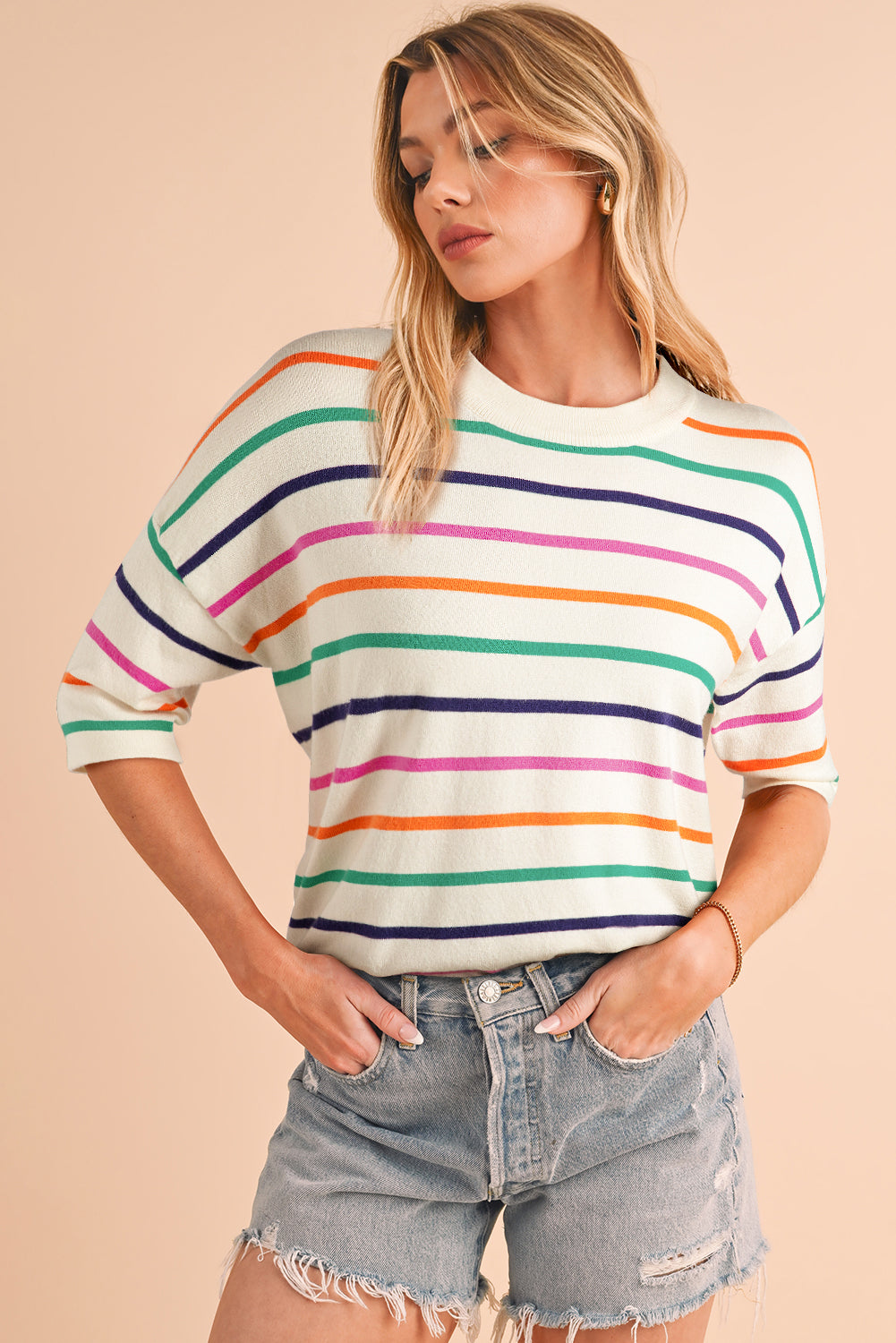 Beige Stripe Dropped Short Sleeve Loose Fit Knitted Top