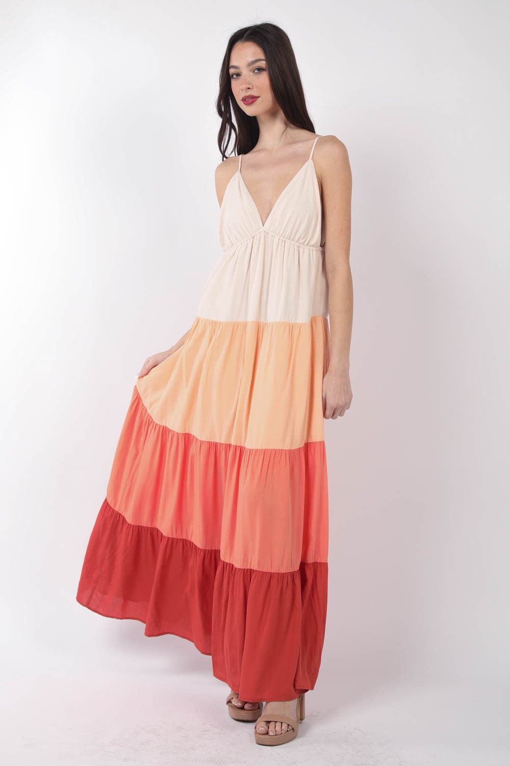 VERY J Color Block Tiered Maxi Cami Dress Trendsi