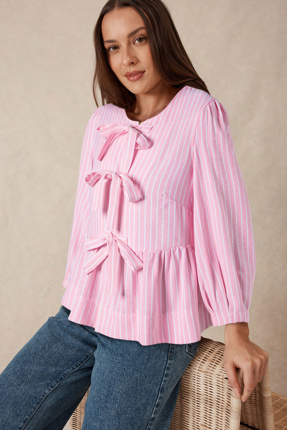 Pink Striped Print Sweet Bow Tie Blouse