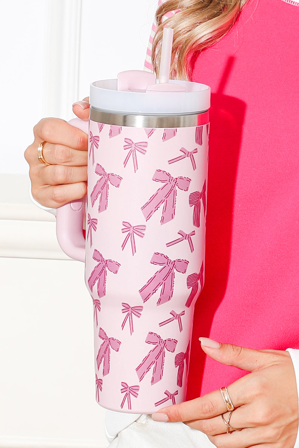 Pink Cute Bowknot Printed Tumbler with Handle 40oz