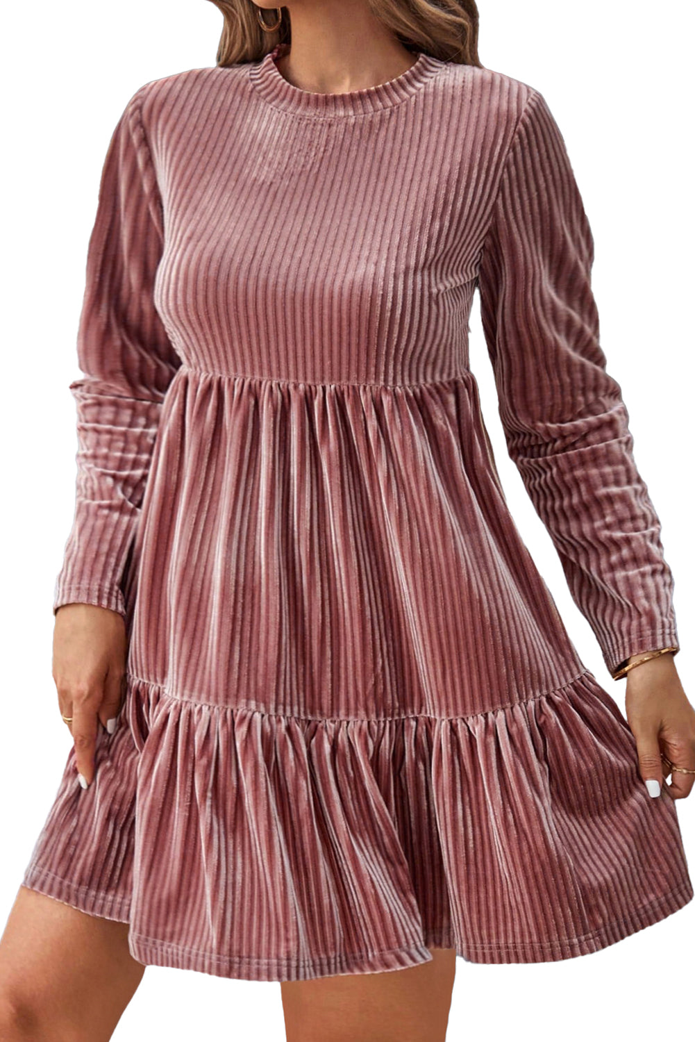 Apricot Pink Plus Size Velvet Ribbed Tiered Ruffle Mini Dress