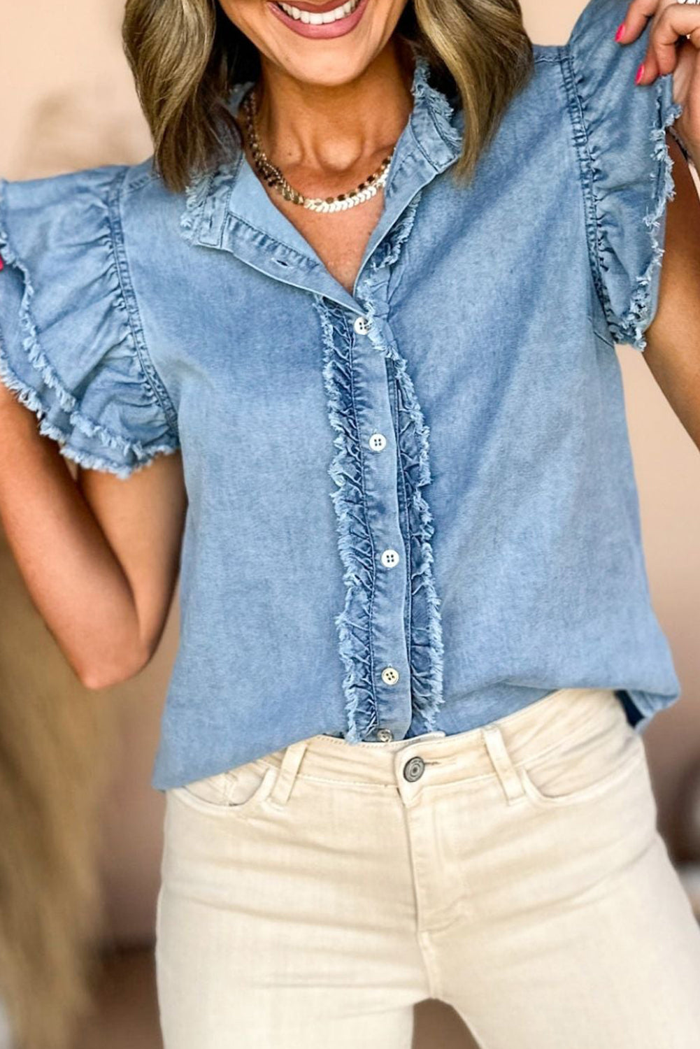 Beau Blue Button Front Ruffled Flutter Frayed Denim Top -2 colors-