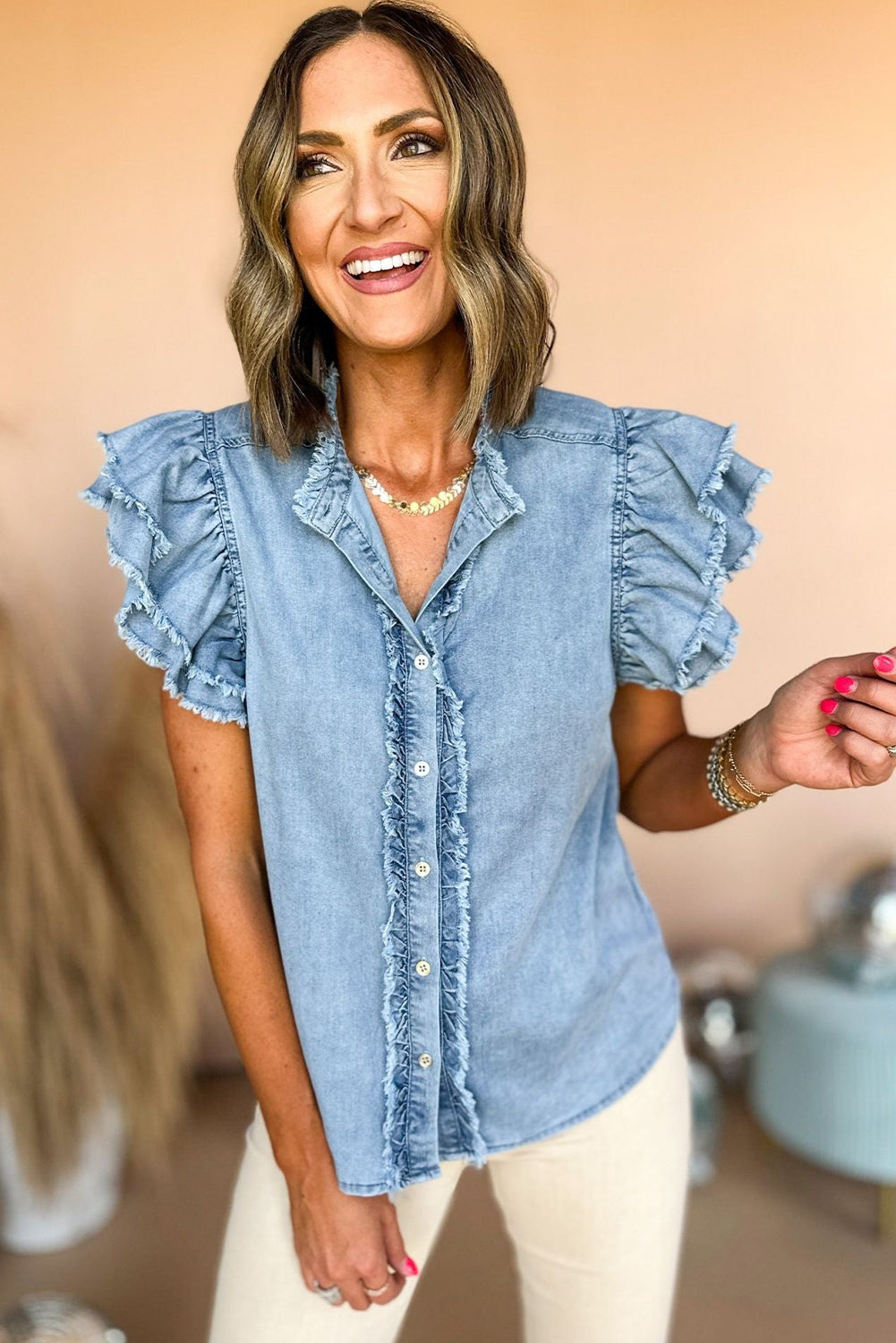 Beau Blue Button Front Ruffled Flutter Frayed Denim Top -2 colors-