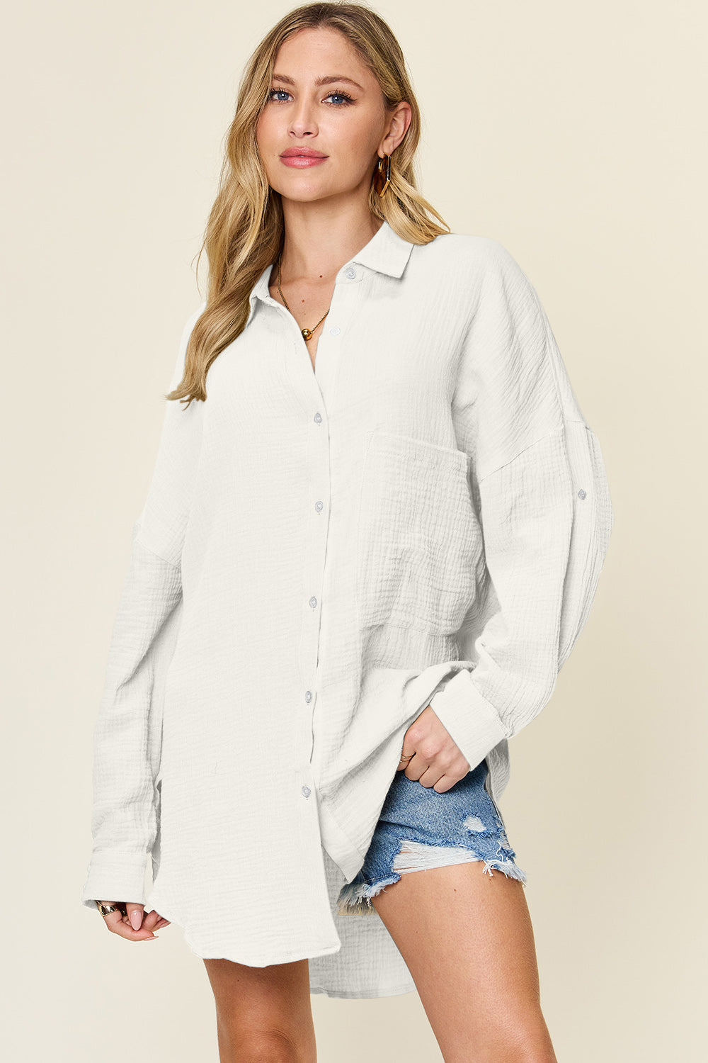 Double Take Full Size Pocketed Texture Button Up Shirt Trendsi