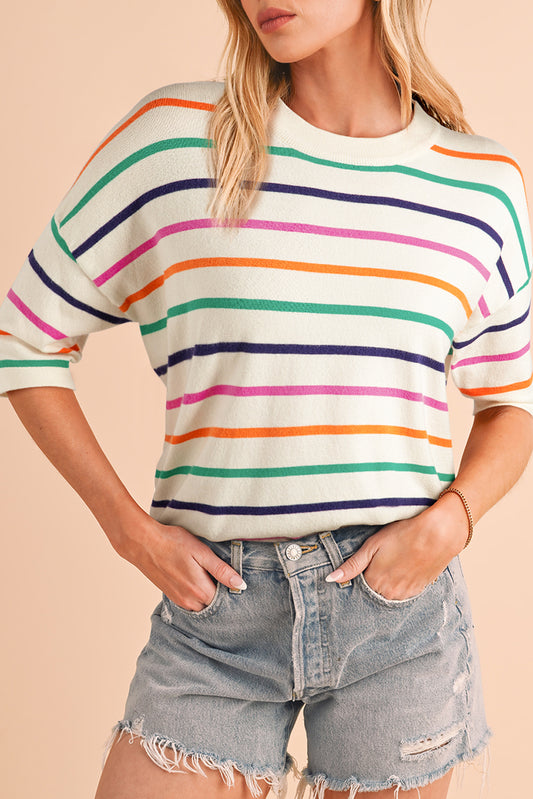 Beige Stripe Dropped Short Sleeve Loose Fit Knitted Top