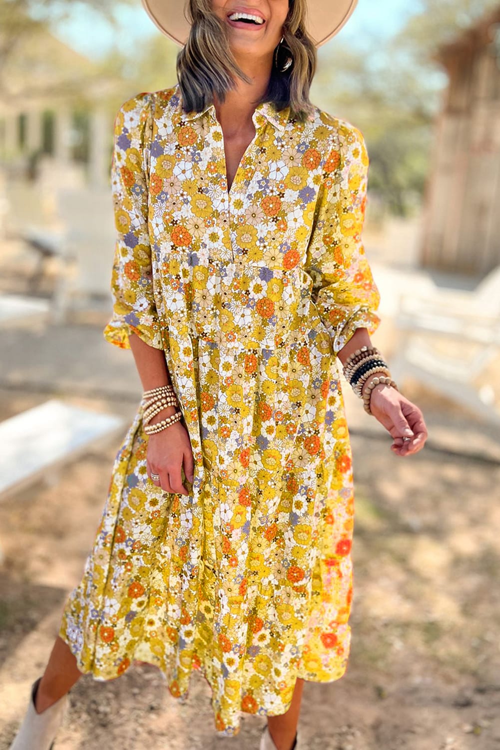 Multicolor Boho Floral Collared Long Sleeve Dress -2 colors-