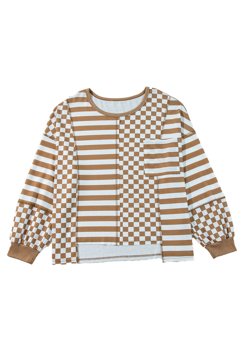 Khaki Striped Checkered Patchwork Ribbed Plus Size Top