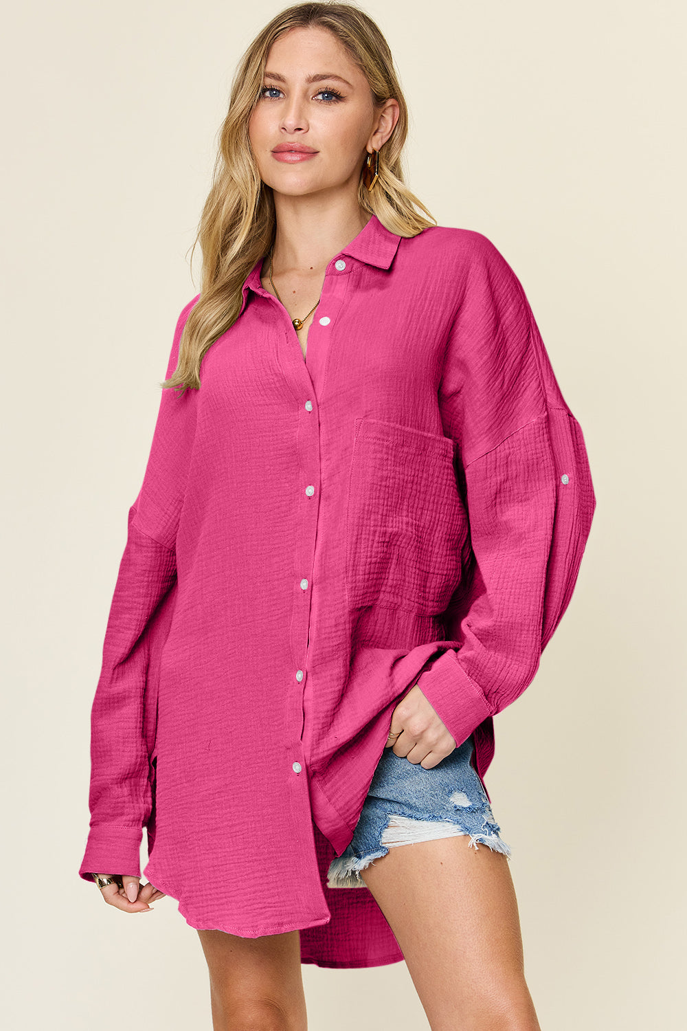 Double Take Full Size Pocketed Texture Button Up Shirt Trendsi