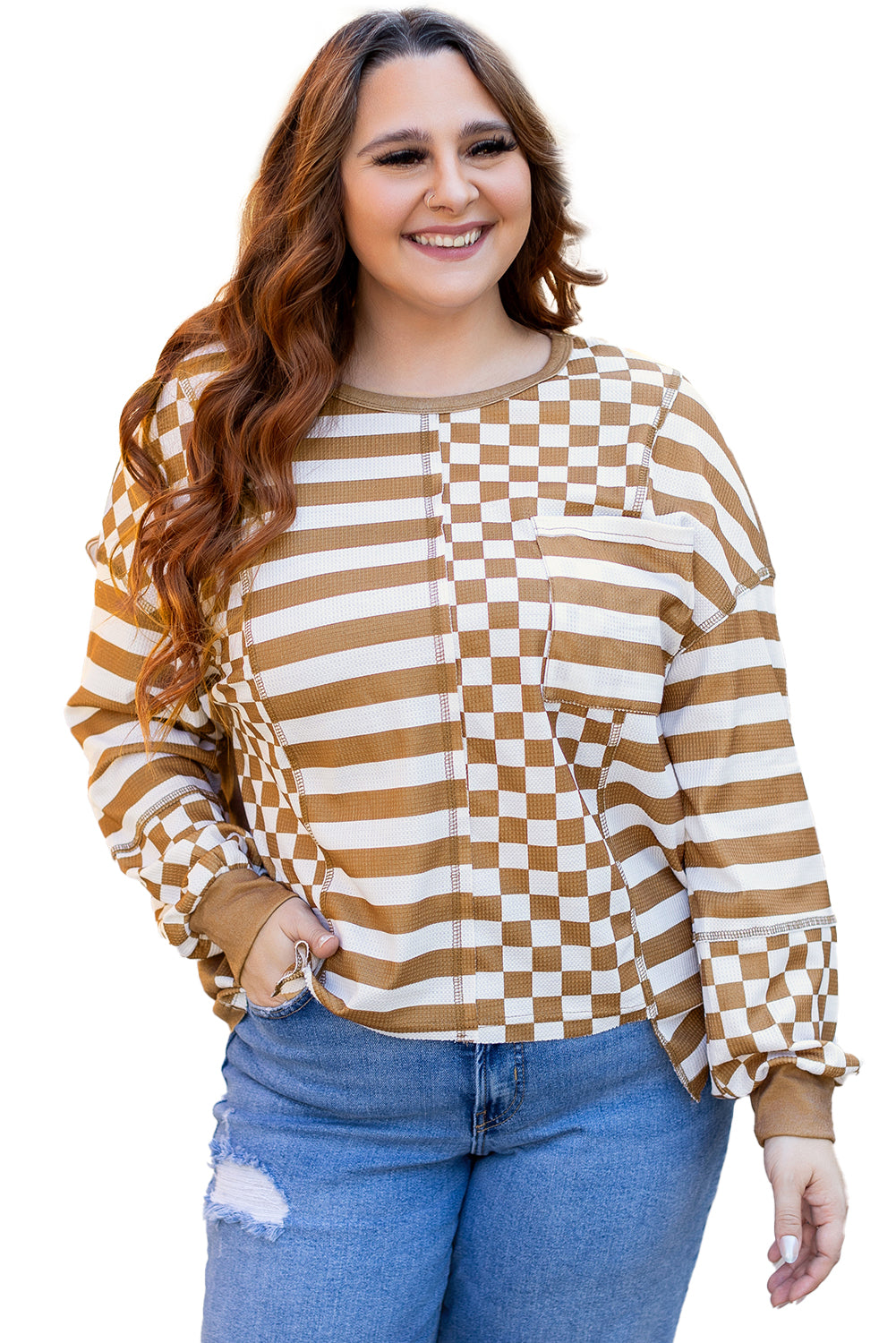 Khaki Striped Checkered Patchwork Ribbed Plus Size Top