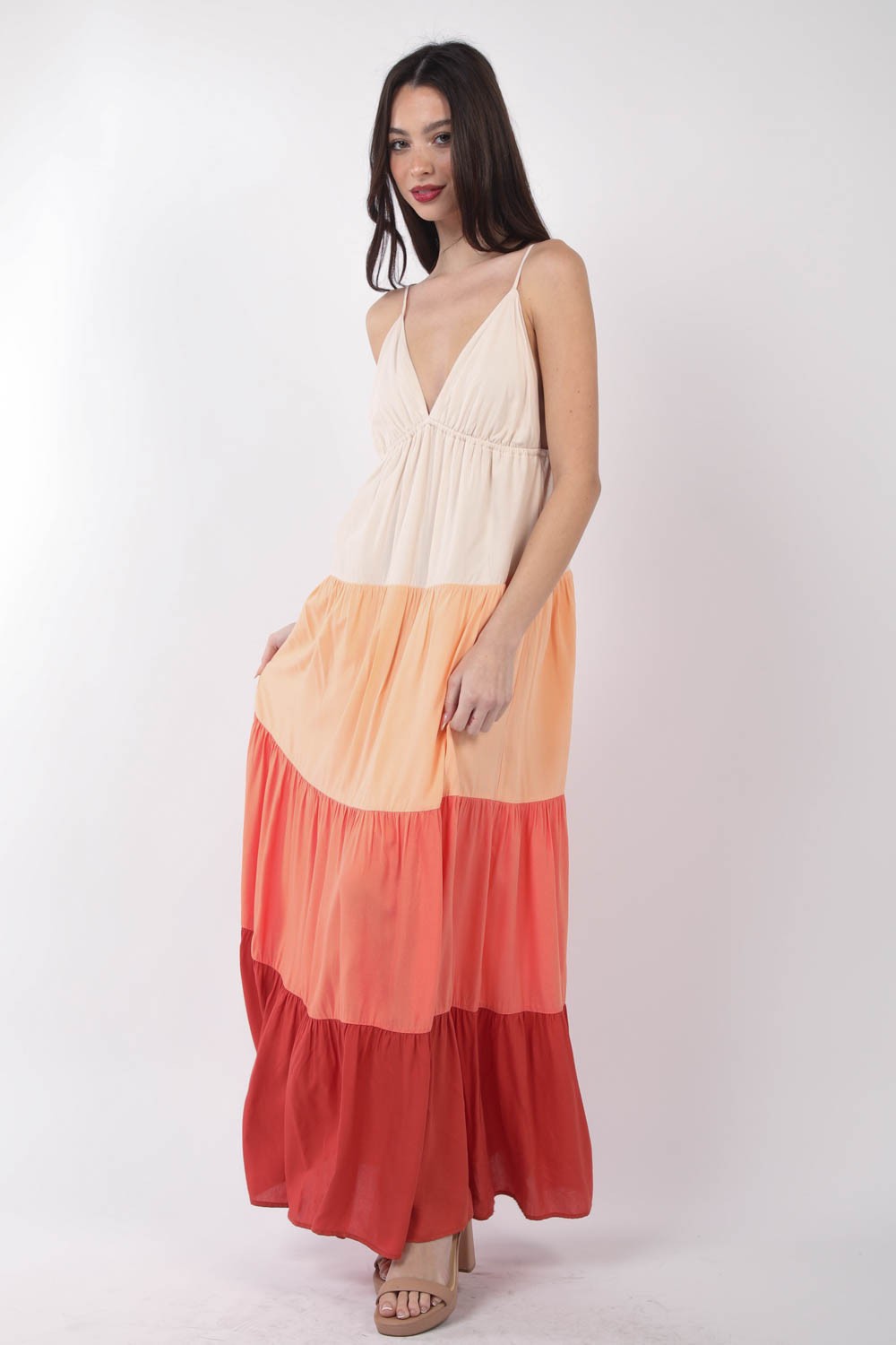 VERY J Color Block Tiered Maxi Cami Dress Trendsi