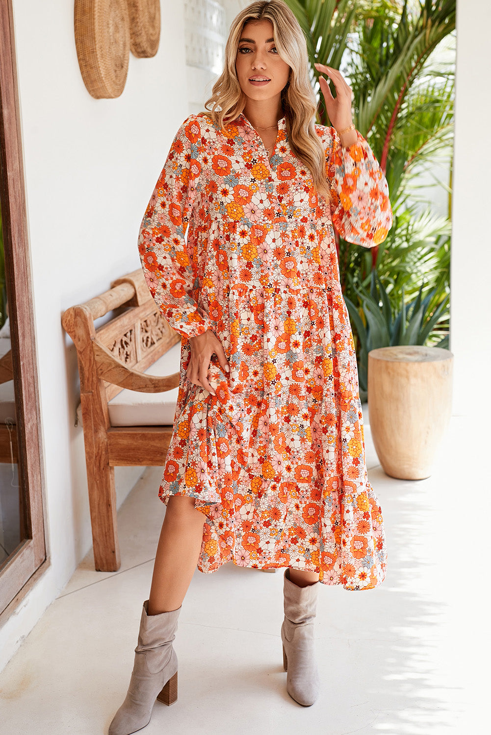 Multicolor Boho Floral Collared Long Sleeve Dress -2 colors-