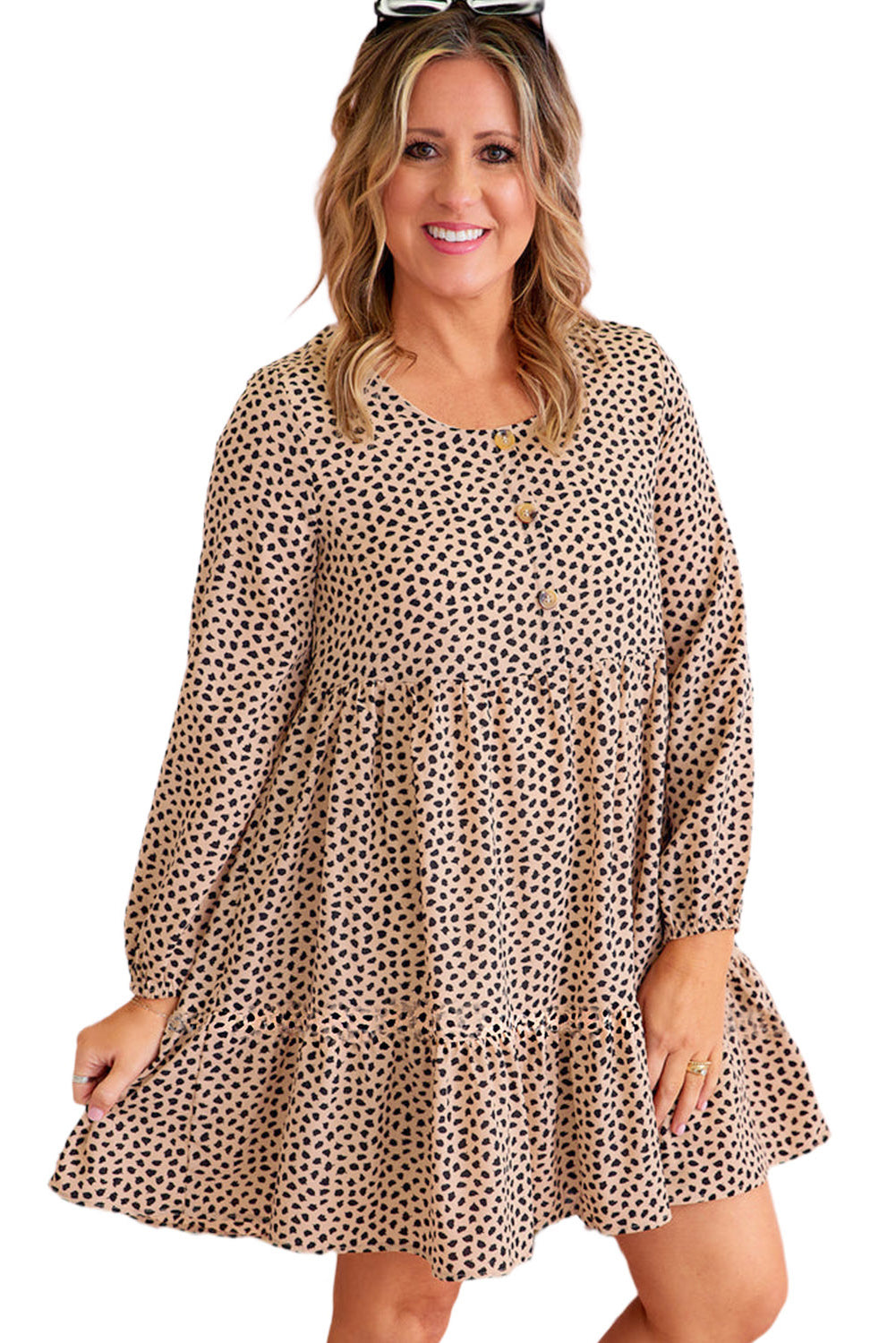 Brown Leopard Spotted Print Tiered Long Sleeve Plus Size Dress