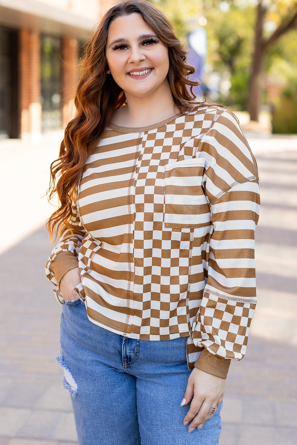 Khaki Striped Checkered Patchwork Ribbed Plus Size Top