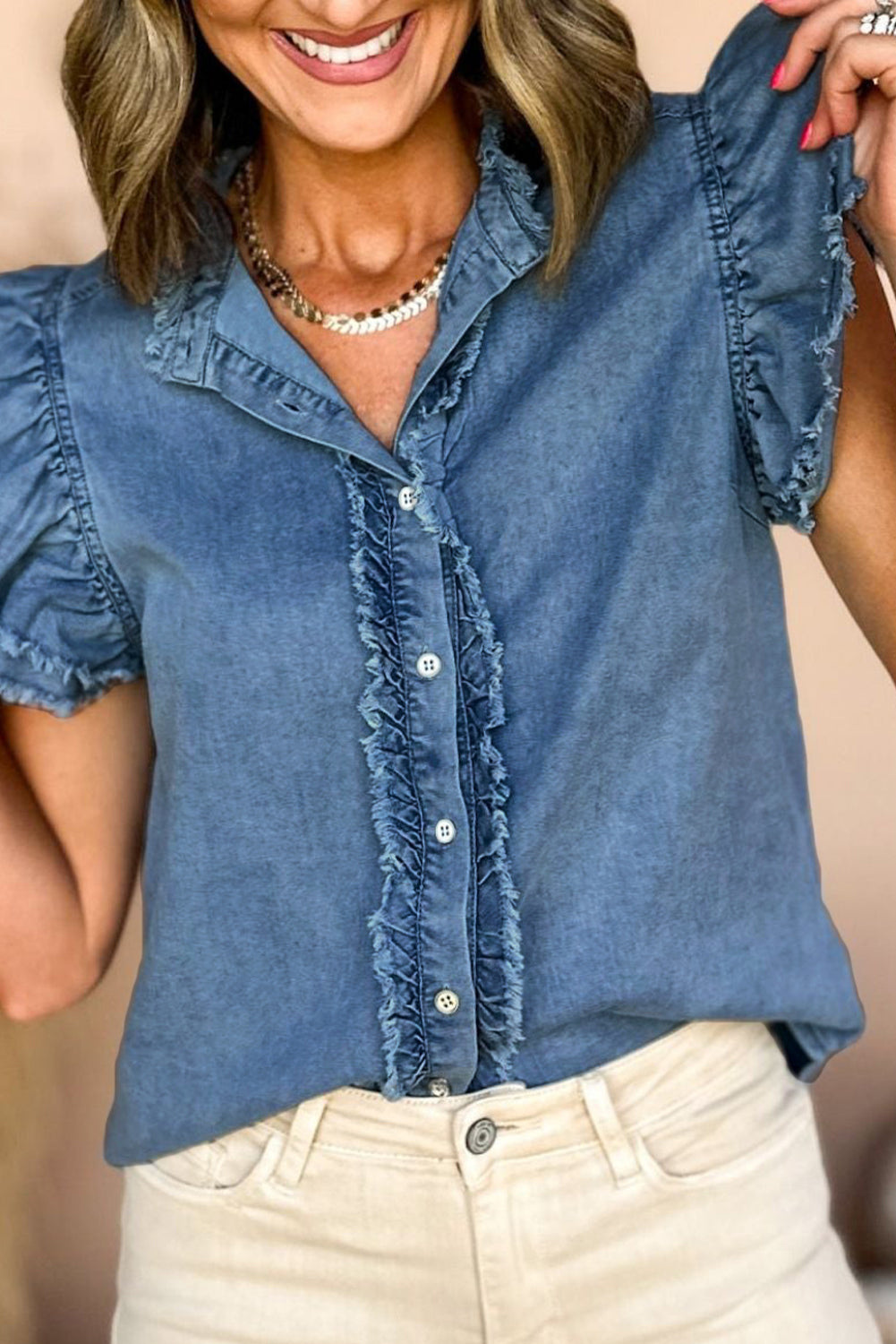 Beau Blue Button Front Ruffled Flutter Frayed Denim Top -2 colors-