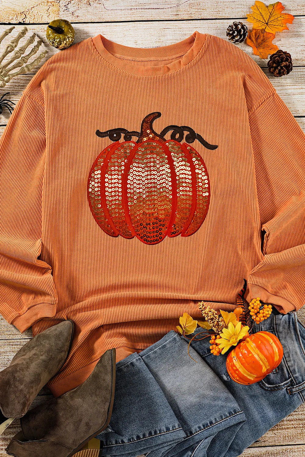 Sequin Pumpkin Round Neck Long Sleeve Sweatshirt -2 colors- Trendsi