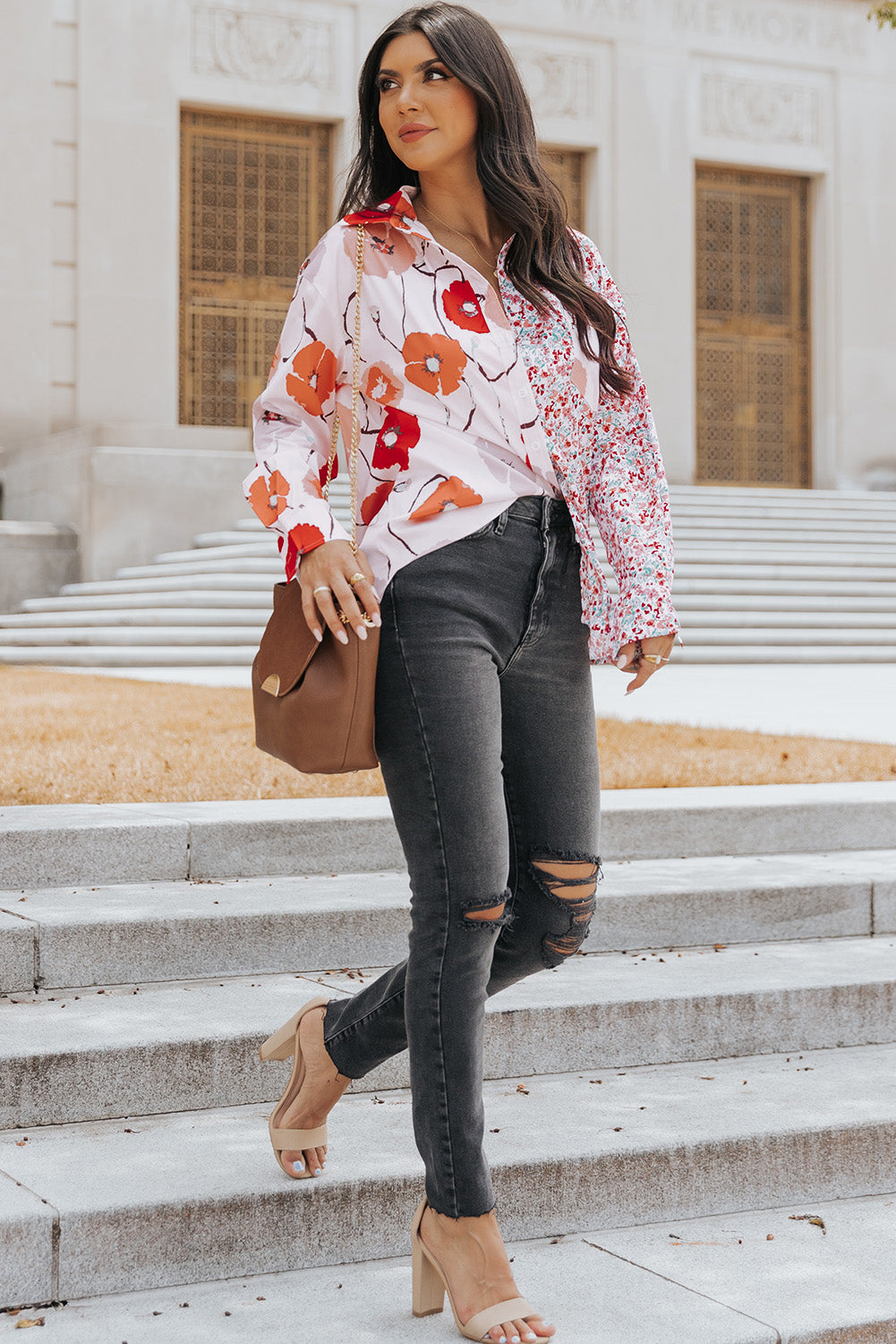 Red Bohemian Floral Pockets Patchwork Button Up Shirt