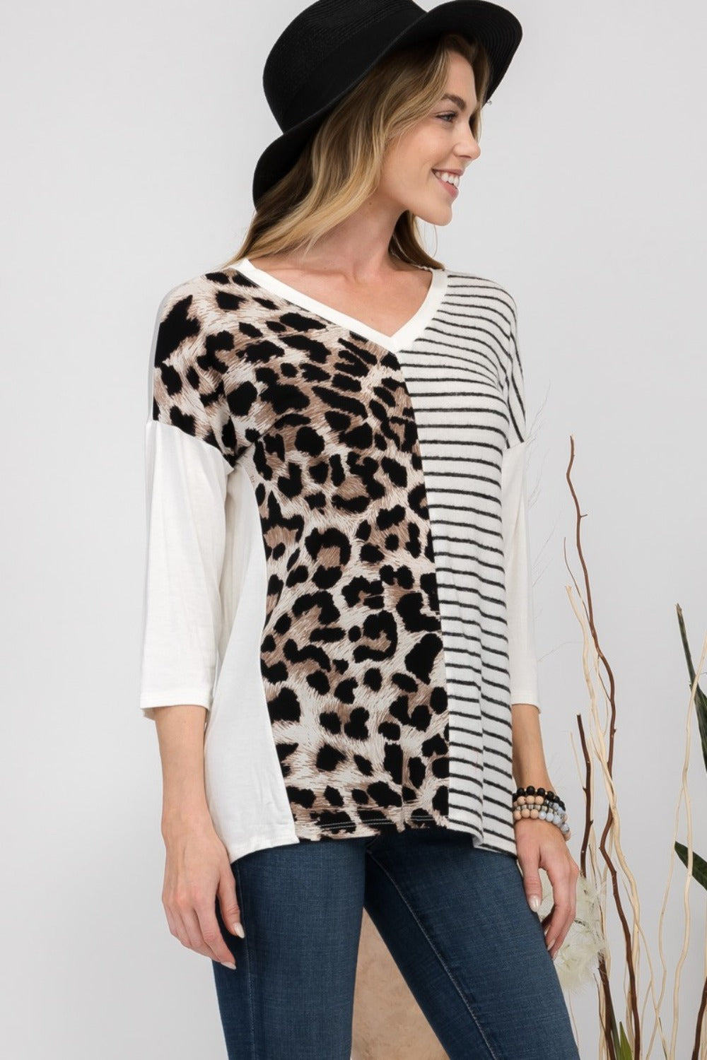 Celeste Full Size Front Leopard and Striped Print V-Neck T-Shirt Trendsi