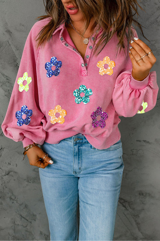 Pink Sequin Flower Patch Graphic Henley Sweatshirt