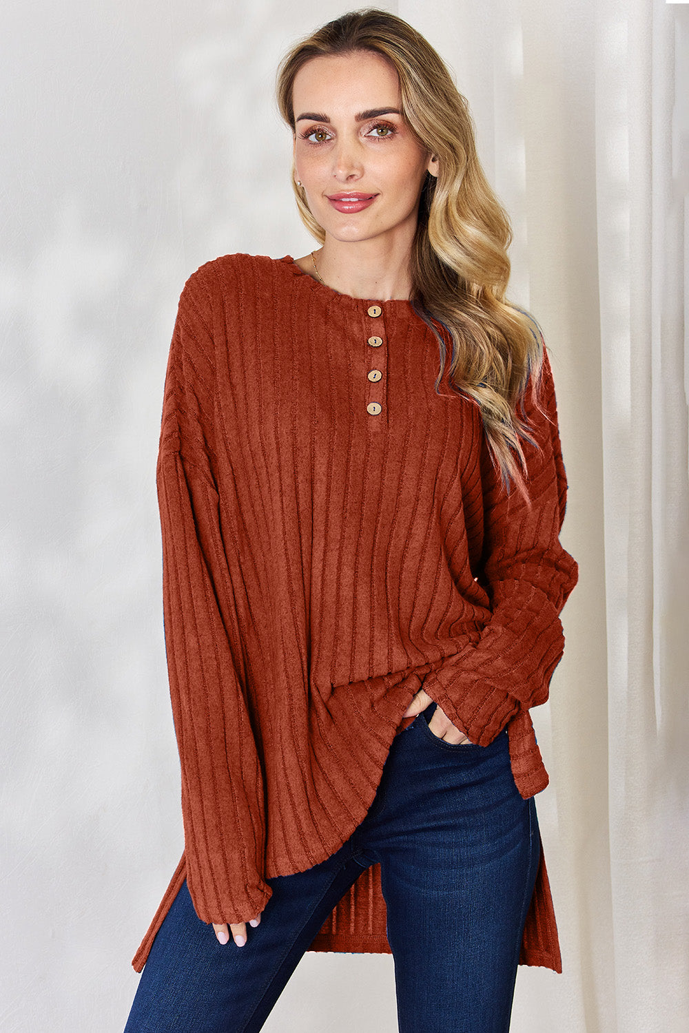 Basic Bae Full Size Ribbed Half Button Long Sleeve High-Low T-Shirt -5 colors- Trendsi