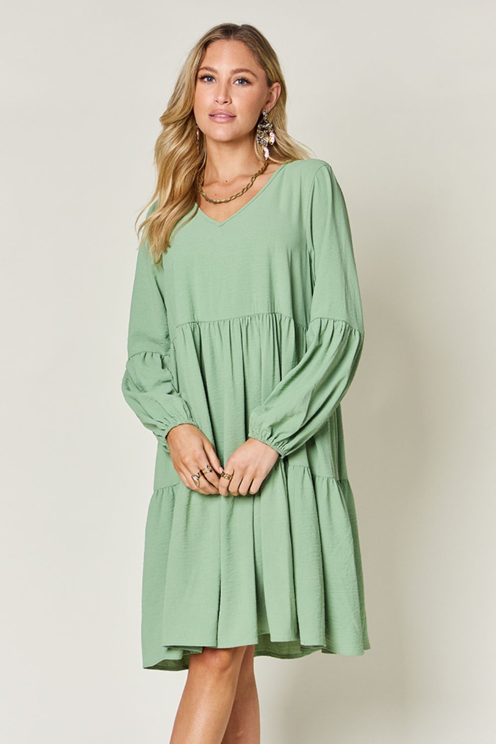 Double Take Full Size V-Neck Balloon Sleeve Tiered Dress with Pockets Trendsi