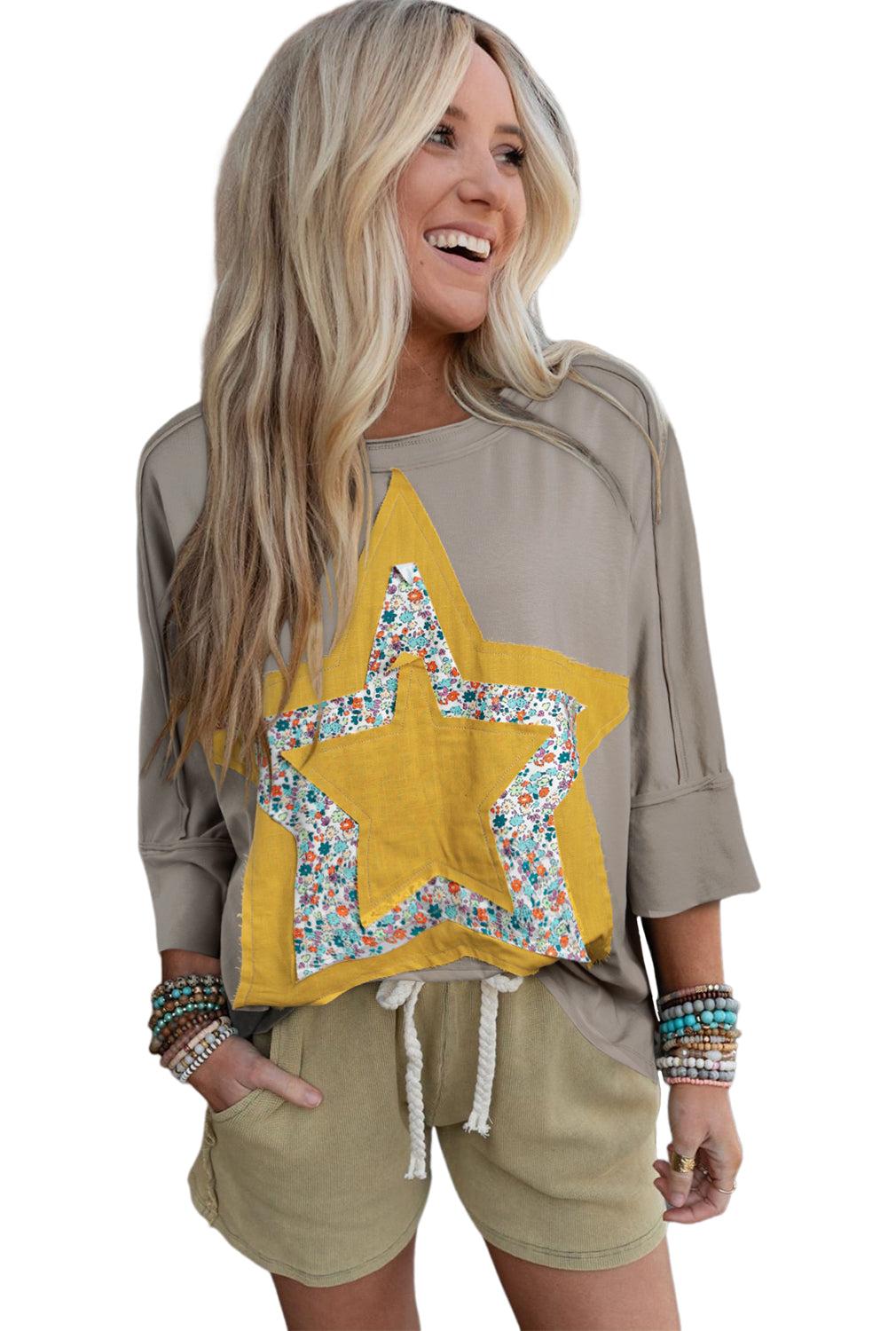 Rose Tan Floral Star Patched Exposed Seam Mineral Wash Top -2 colors-