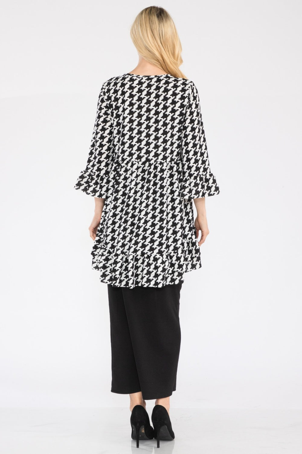 Celeste Full Size Houndstooth Flounce Sleeve High-Low Top -4 colors- Trendsi