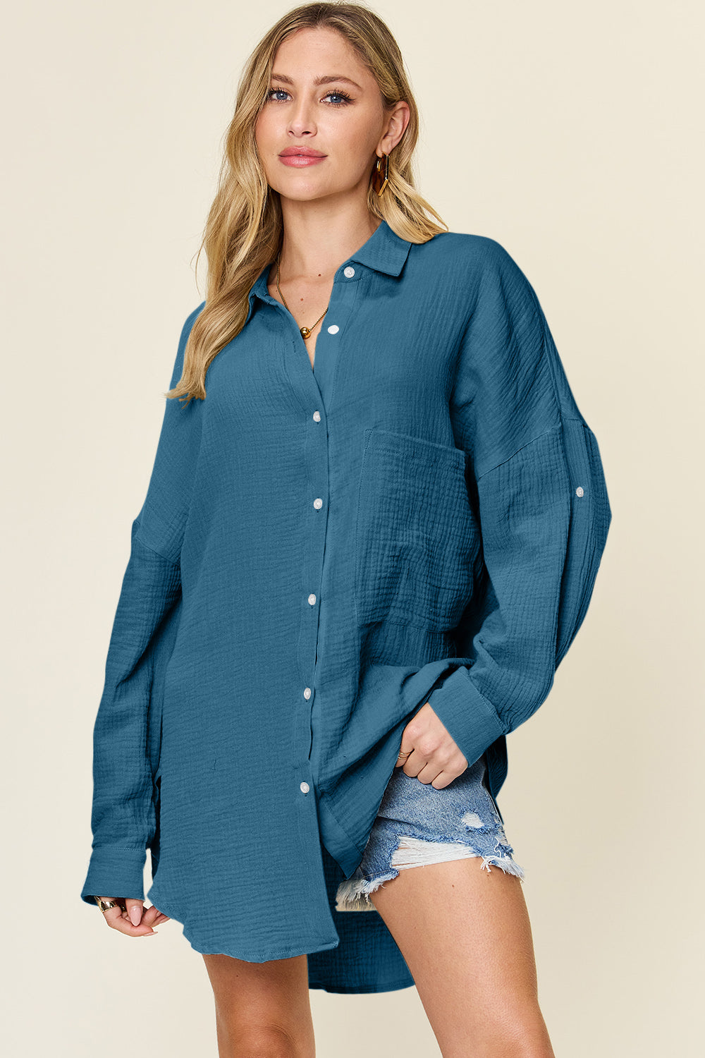 Double Take Full Size Pocketed Texture Button Up Shirt Trendsi