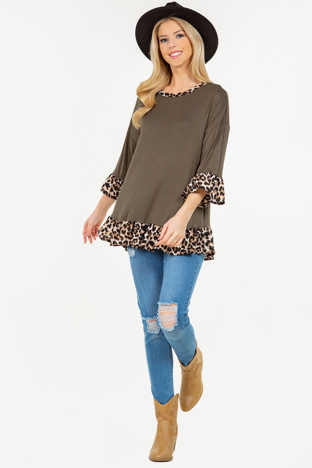 Celeste Full Size Flounce Sleeve Leopard Trim Top Trendsi