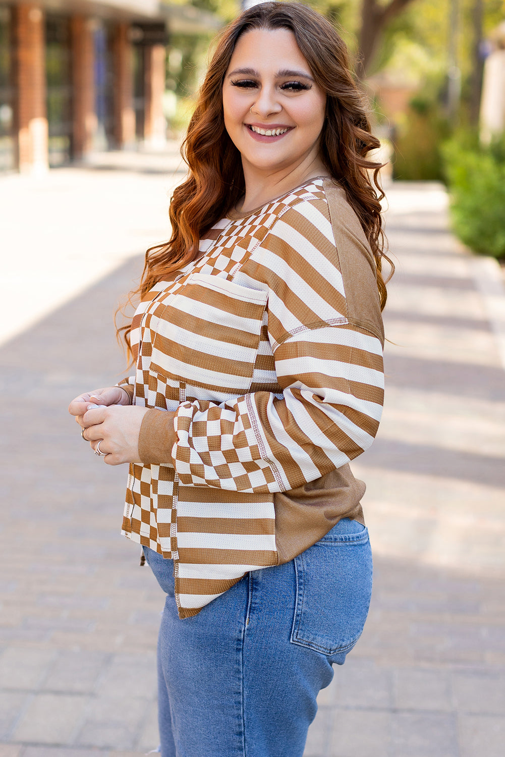 Khaki Striped Checkered Patchwork Ribbed Plus Size Top