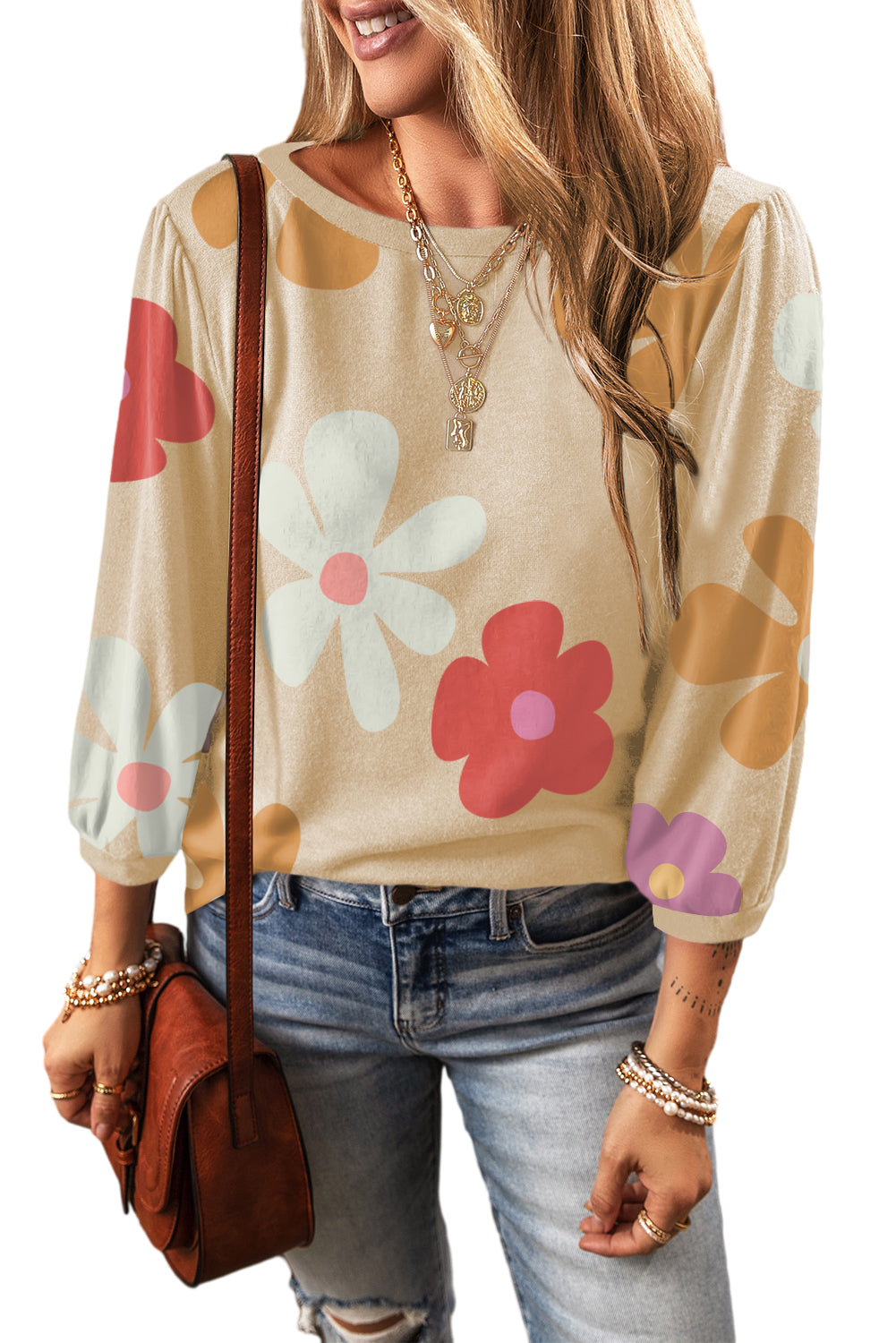 Apricot Flower Print Ruched Bracelet Sleeve Top -2 colors-