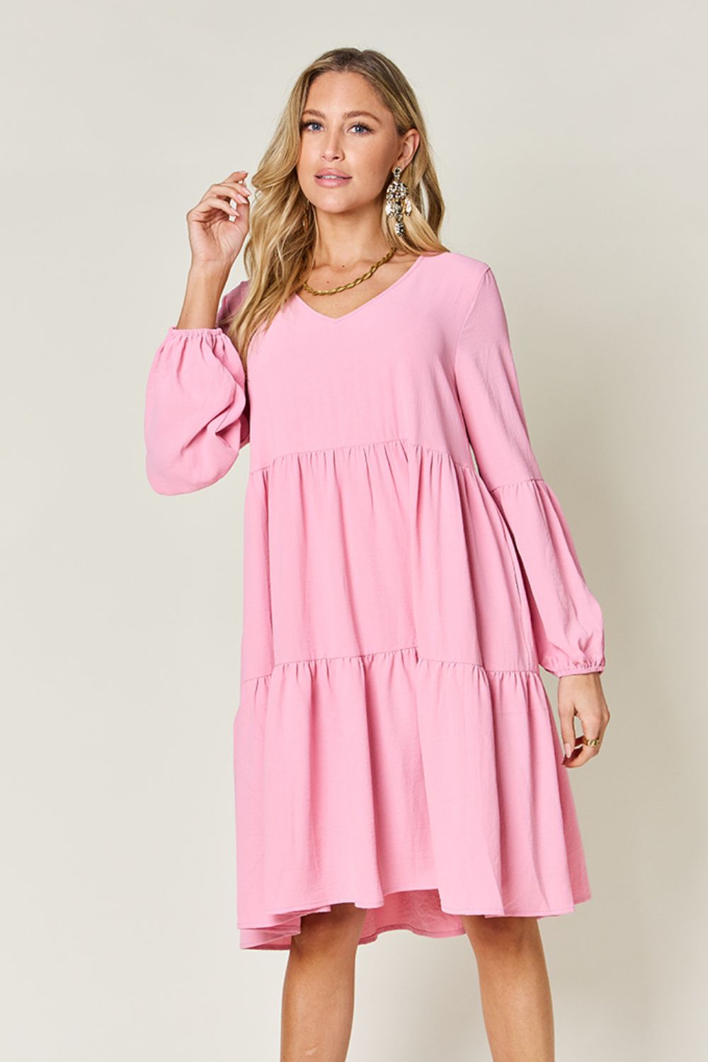 Double Take Full Size V-Neck Balloon Sleeve Tiered Dress with Pockets Trendsi