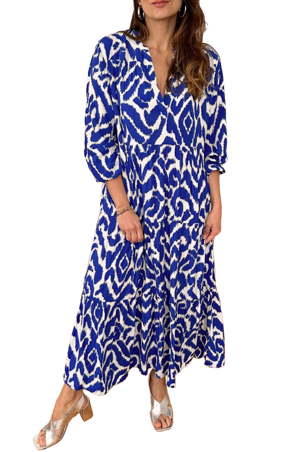 Blue Abstract Print V Neck Tiered Maxi Dress -2 colors-