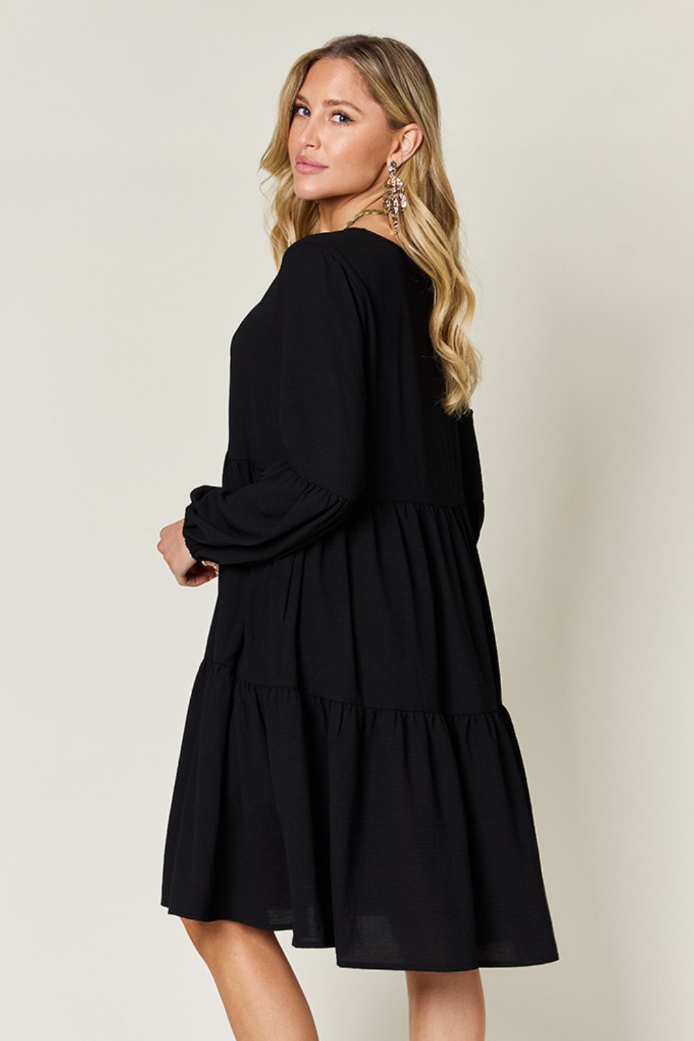 Double Take Full Size V-Neck Balloon Sleeve Tiered Dress with Pockets Trendsi