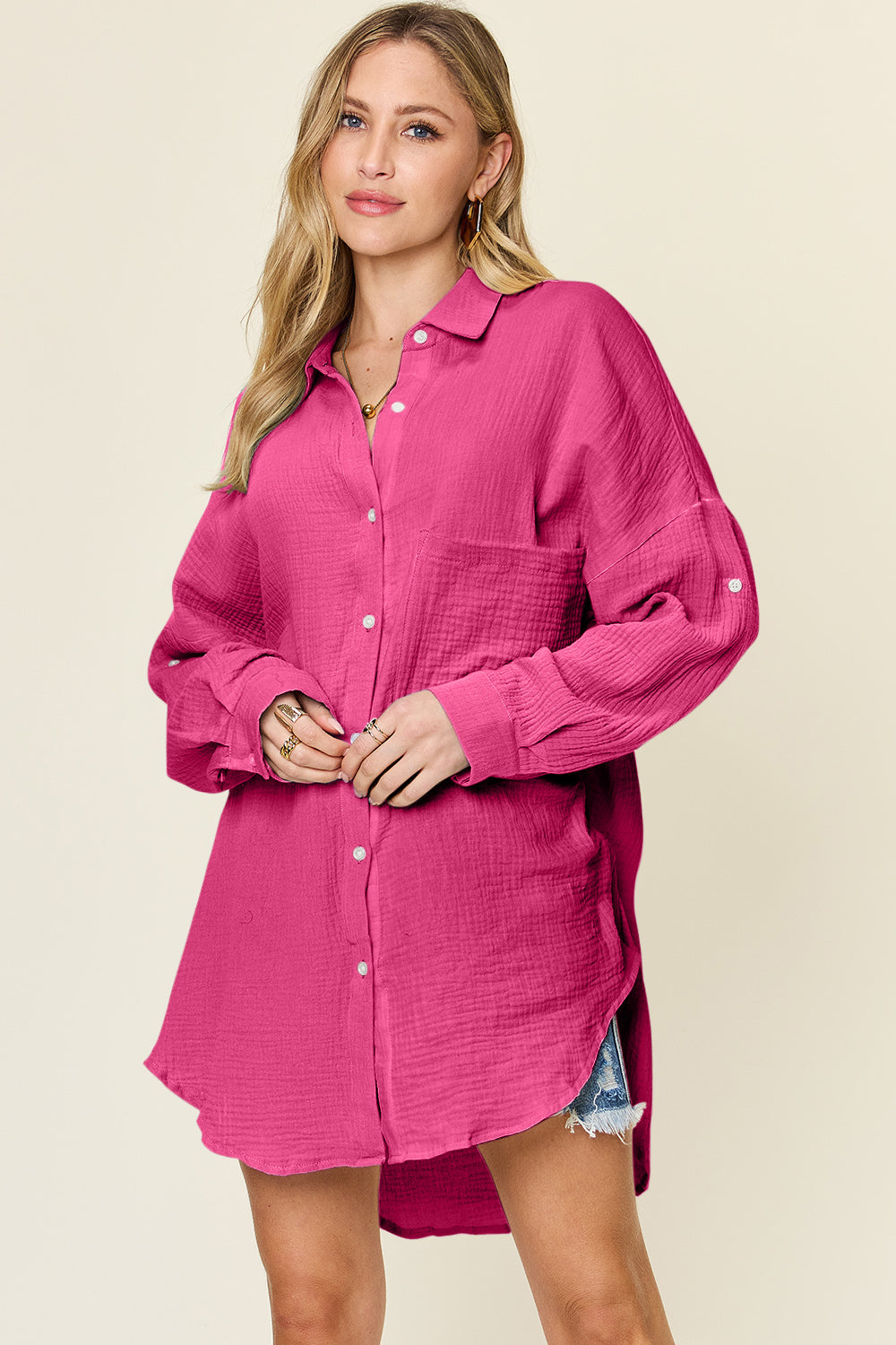 Double Take Full Size Pocketed Texture Button Up Shirt Trendsi