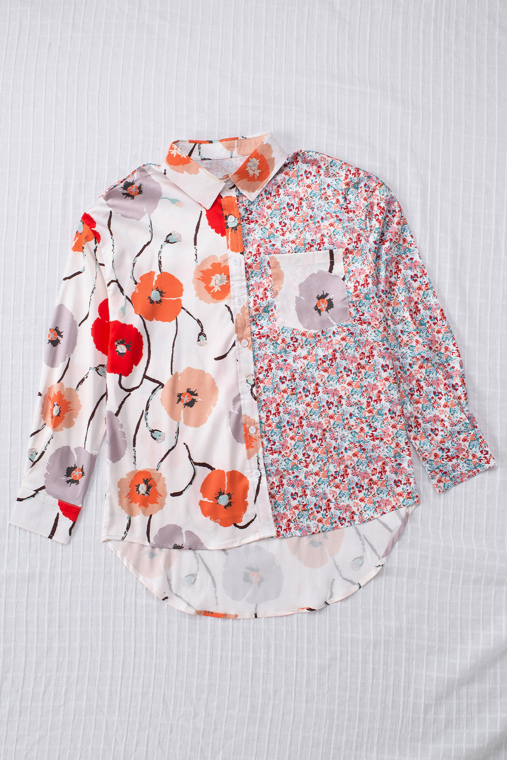 Red Bohemian Floral Pockets Patchwork Button Up Shirt