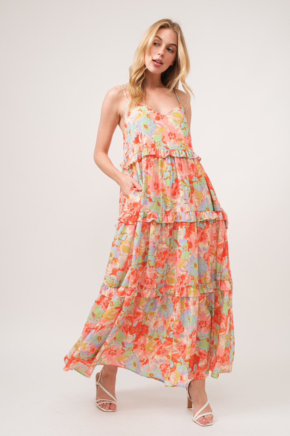 And The Why Floral Ruffled Tiered Maxi Adjustable Strap Cami Dress Trendsi