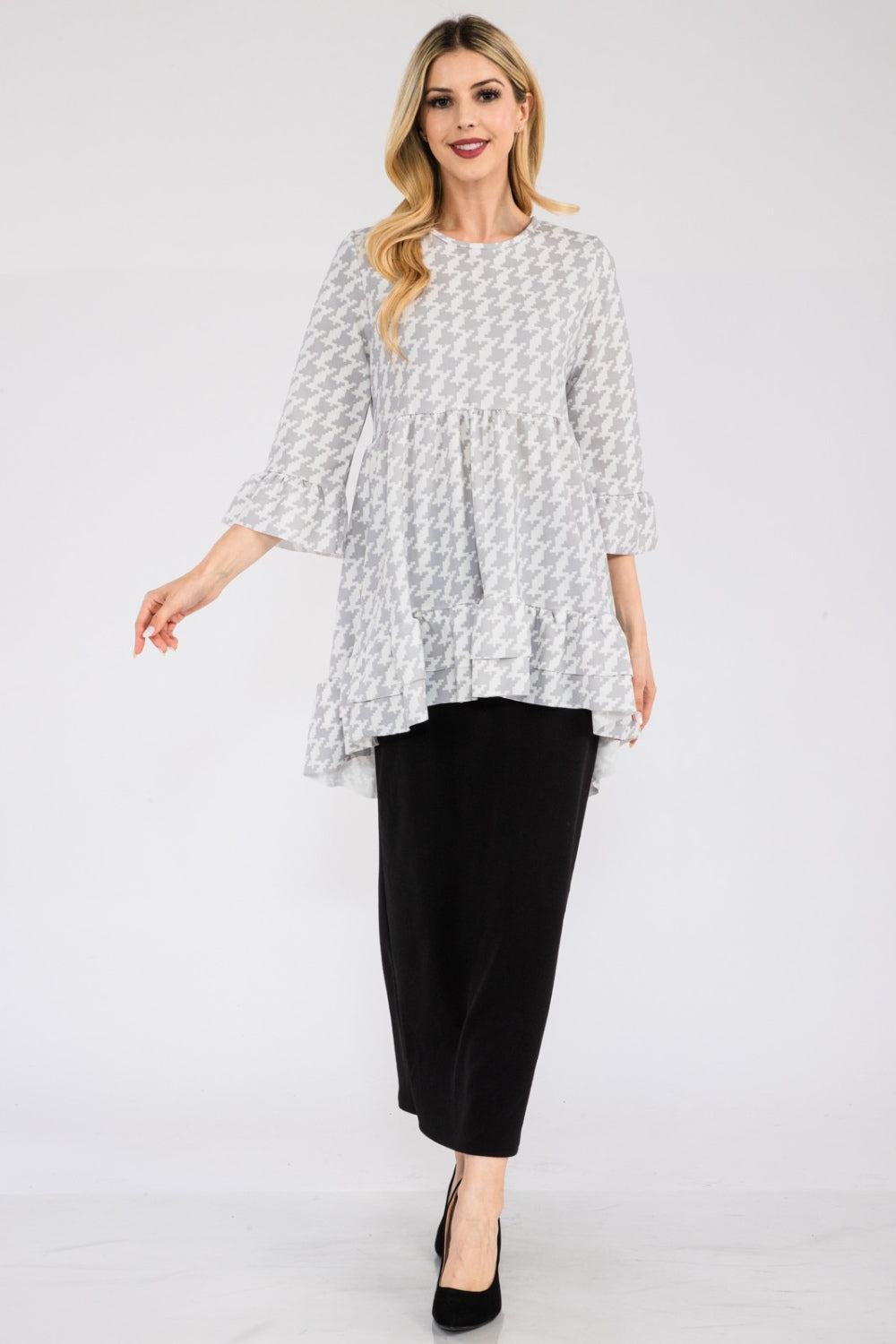 Celeste Full Size Houndstooth Flounce Sleeve High-Low Top -4 colors- Trendsi