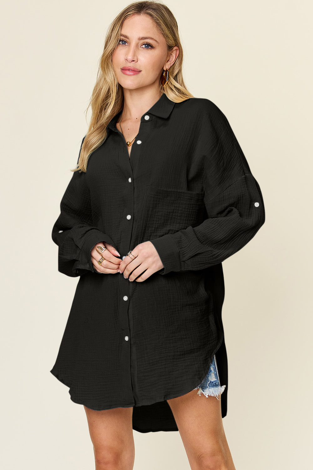 Double Take Full Size Pocketed Texture Button Up Shirt Trendsi