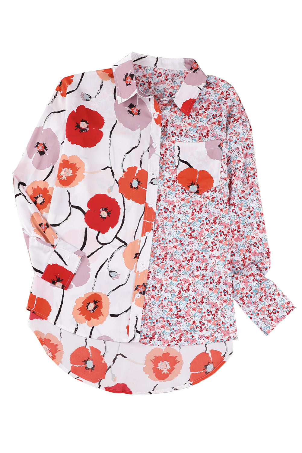 Red Bohemian Floral Pockets Patchwork Button Up Shirt