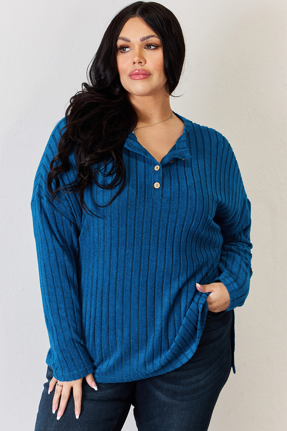 Basic Bae Full Size Ribbed Half Button Long Sleeve High-Low T-Shirt -5 colors- Trendsi