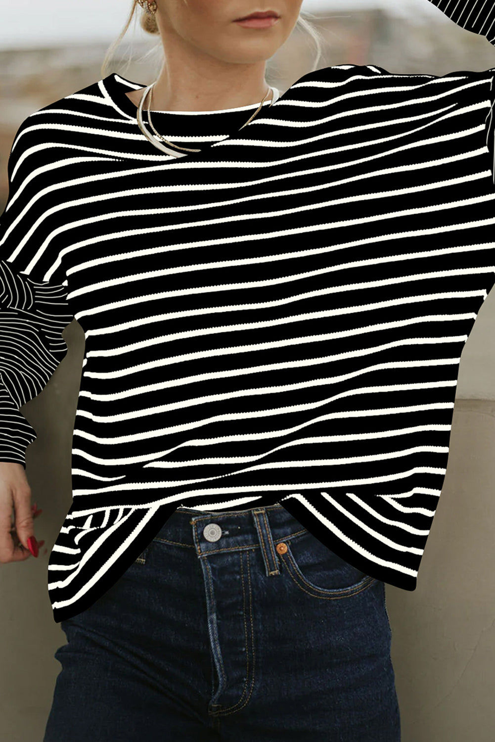 Black Stripe Patchwork Loose Long Sleeve Tee -2 colors-