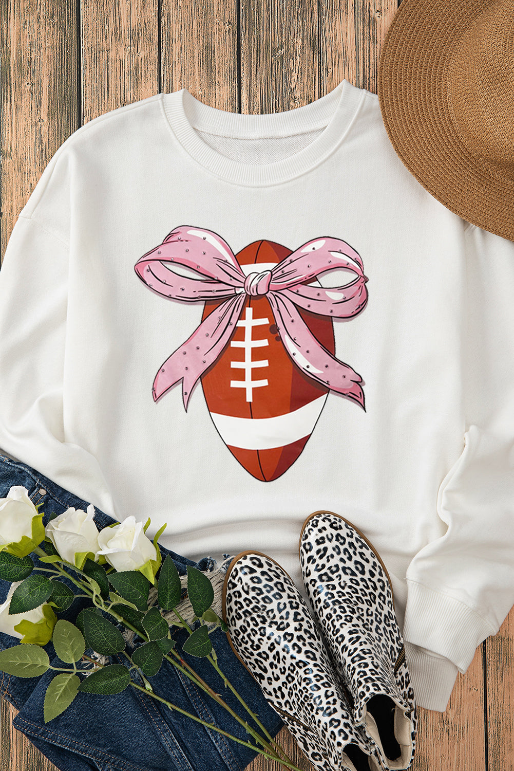 Beige Casual Game Day Bow Print Graphic Sweatshirt