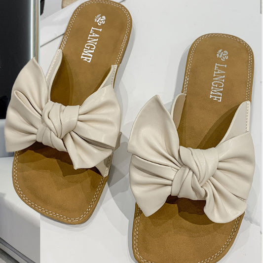 Bow PU Leather Flat Sandals Trendsi