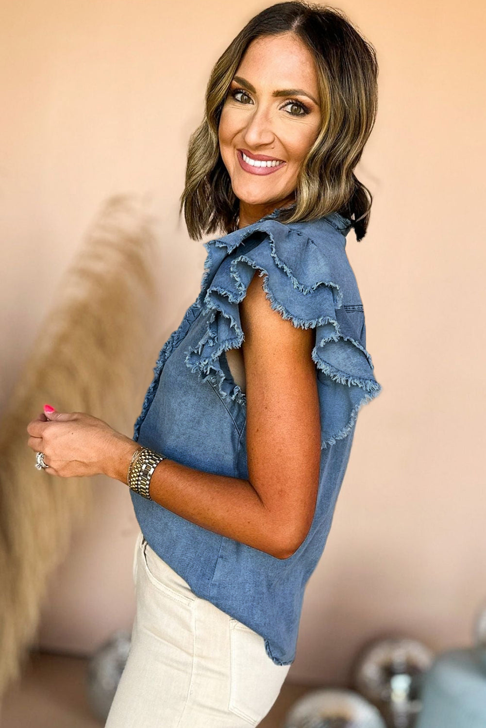 Beau Blue Button Front Ruffled Flutter Frayed Denim Top -2 colors-