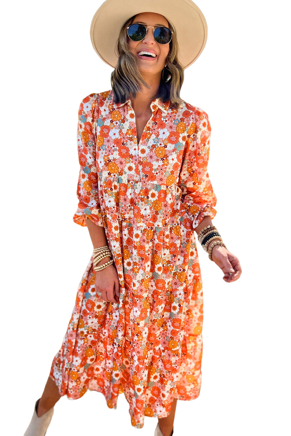 Multicolor Boho Floral Collared Long Sleeve Dress -2 colors-