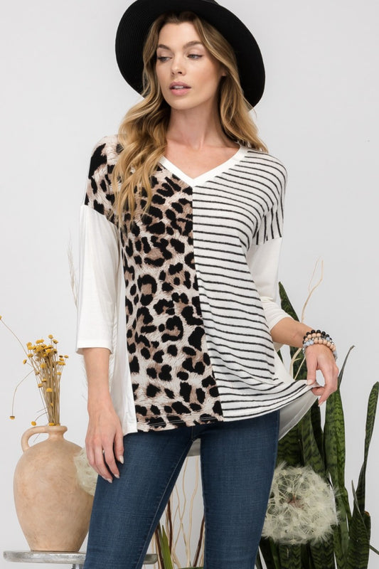 Celeste Full Size Front Leopard and Striped Print V-Neck T-Shirt Trendsi