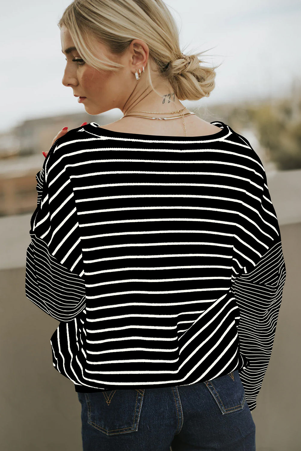 Black Stripe Patchwork Loose Long Sleeve Tee -2 colors-