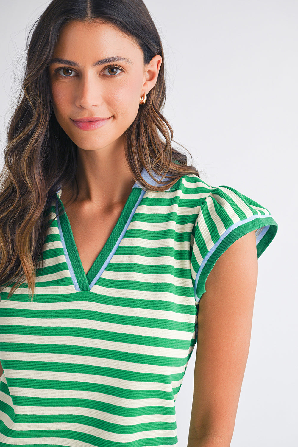 Sachet Pink Striped Ruffle Short Sleeve Pop of Color Neckline Dress