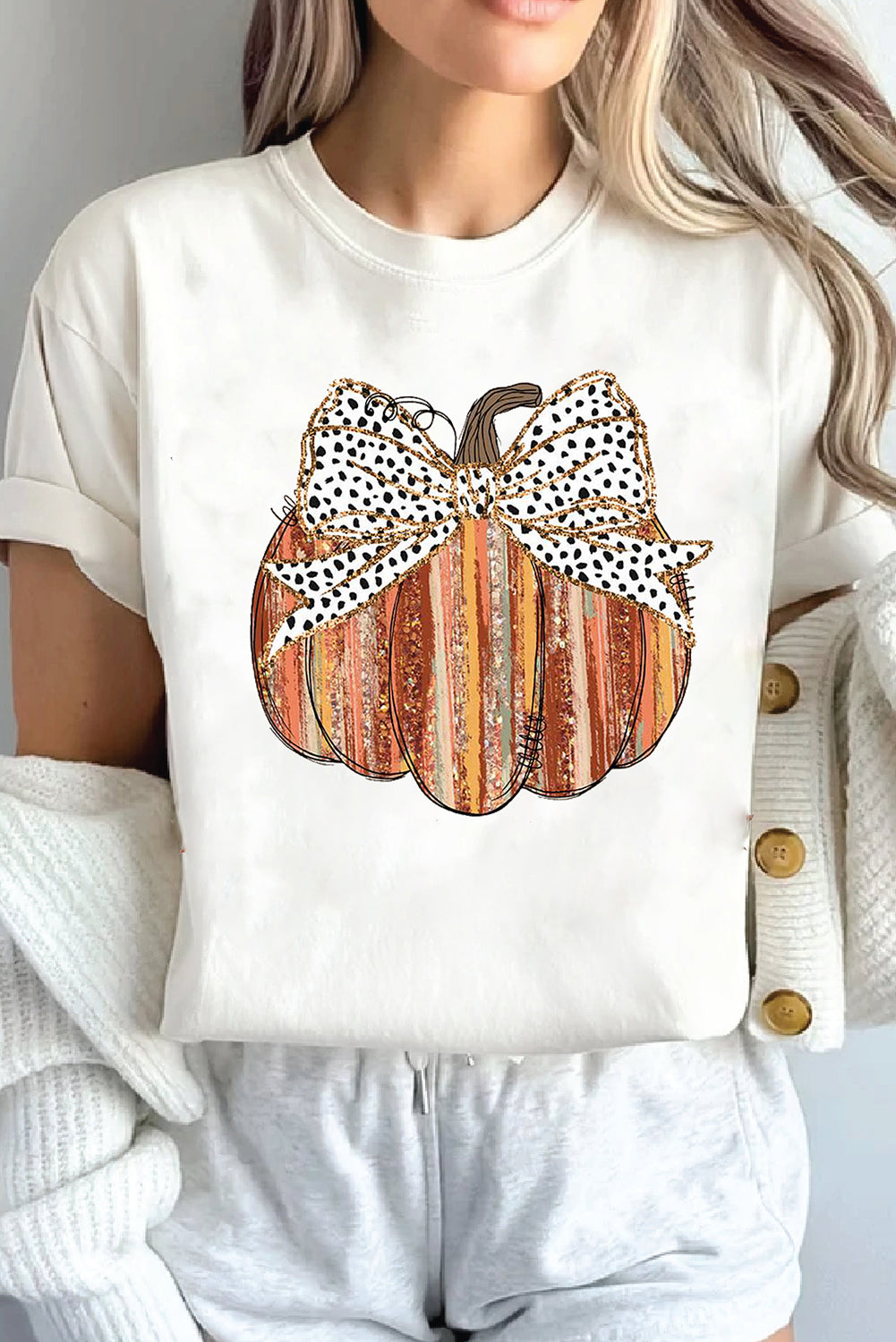 White Thanksgiving Bowknot Pumpkin Print Graphic T Shirt