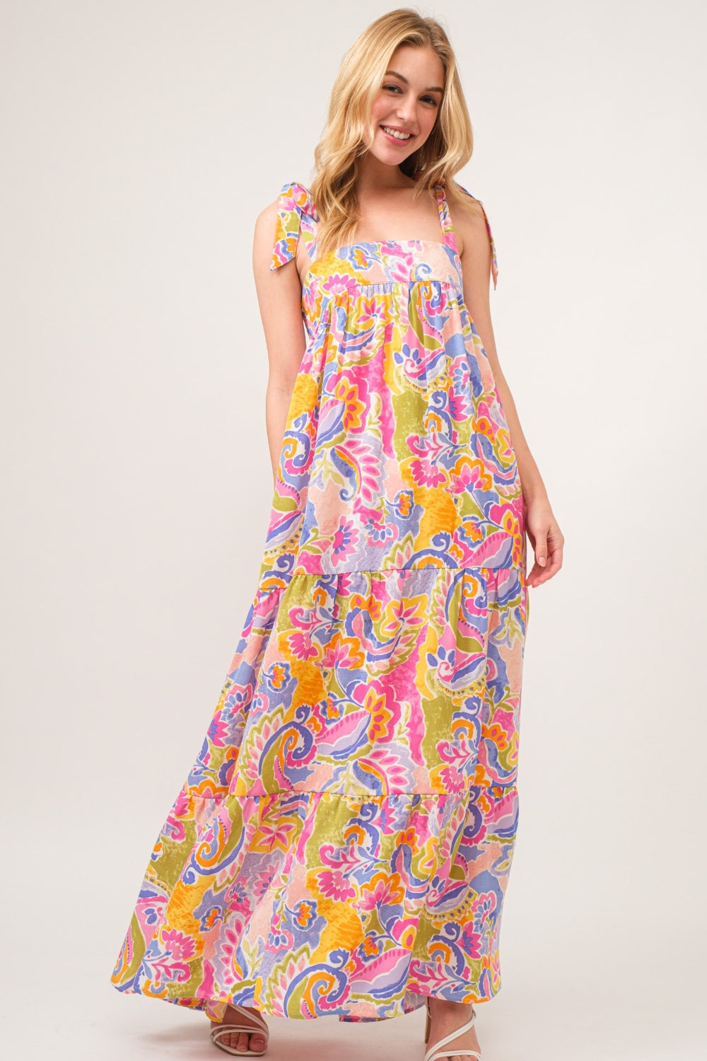 And The Why Full Size Printed Tie Shoulder Tiered Maxi Dress Trendsi